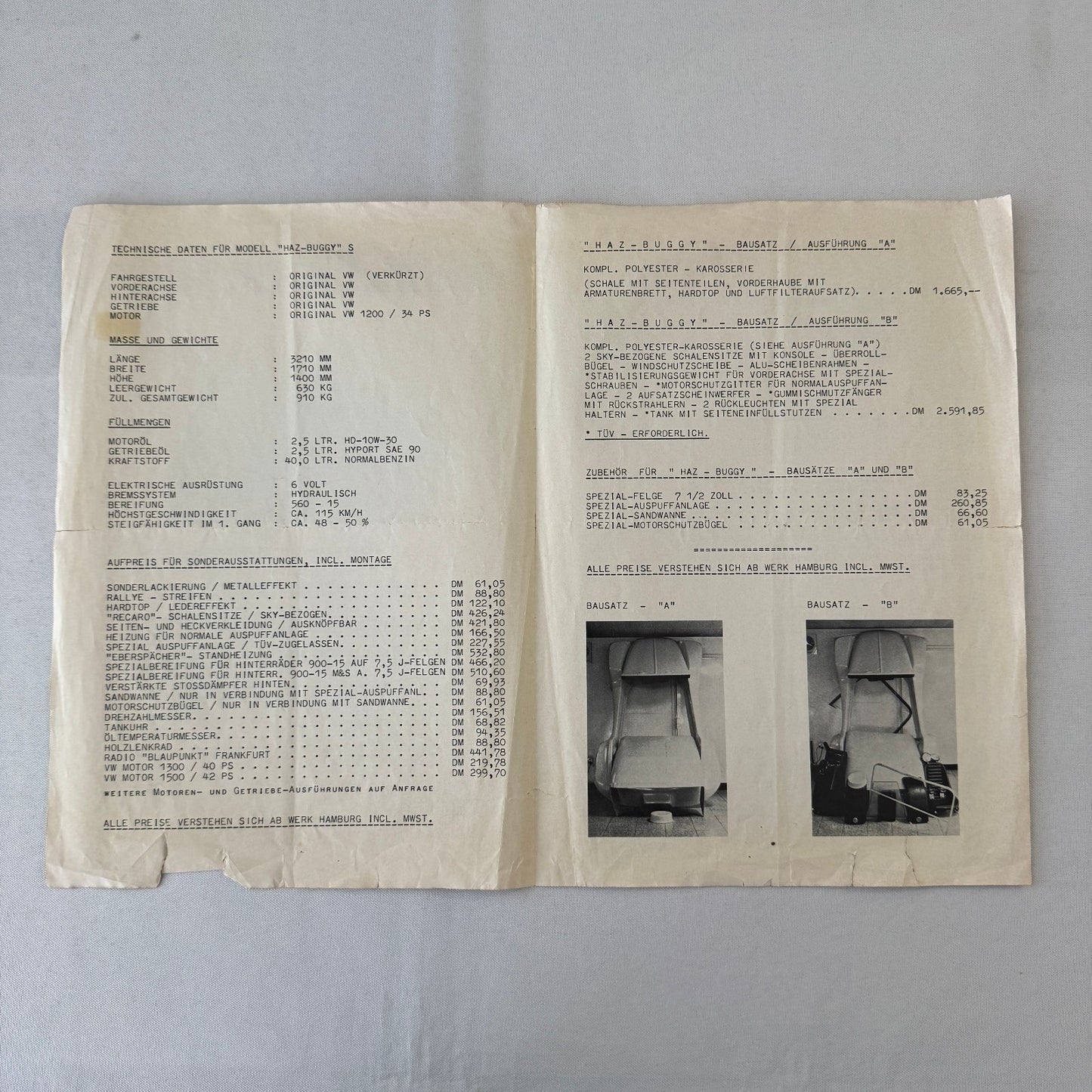 Haz Buggy Dune Buggy Vintage Brochure Flyer Advertisement Ephemera Car GERMAN