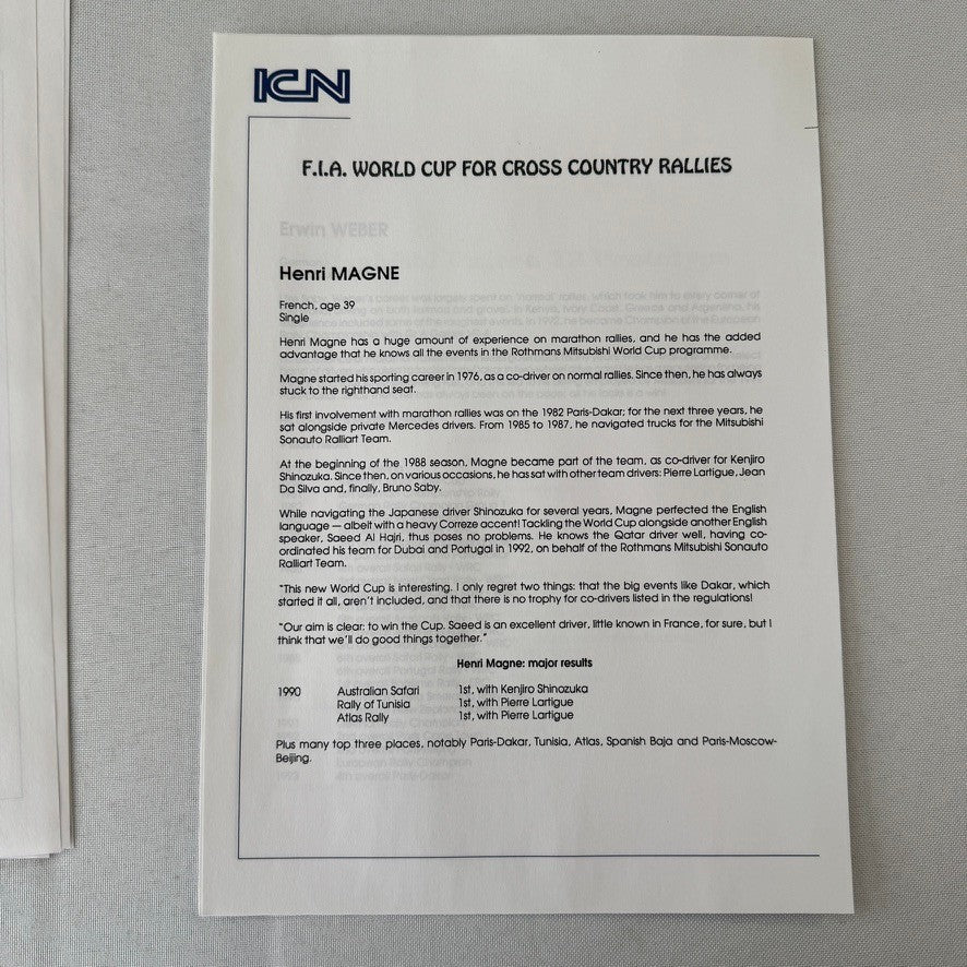 Rothmans Mitsubishi Pajero Rally Rallye Racing Press Kit 1993 FIA Cross Country