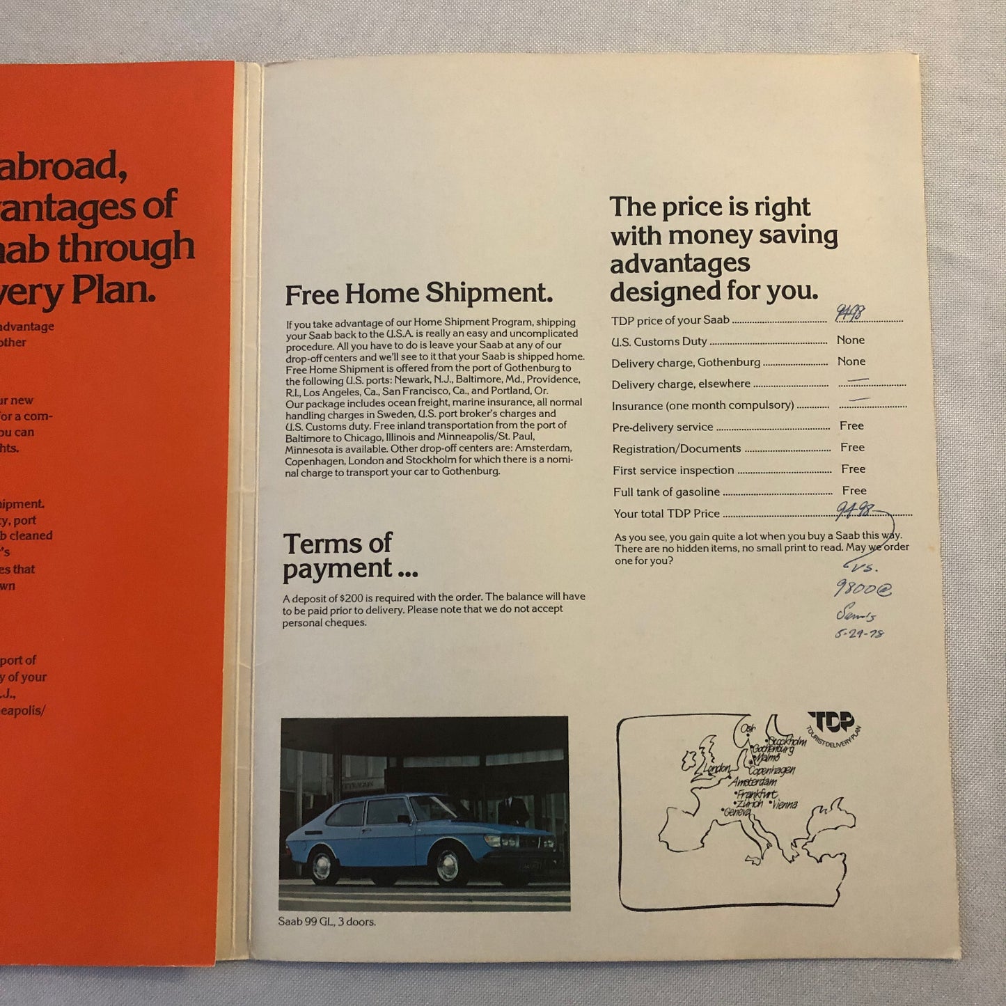 Vintage Saab Tourist Delivery Program Sales Brochure Catalog 99 EMS Turbo +