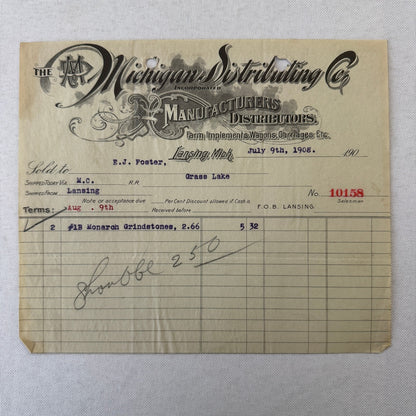 Michigan Distributing Company Farm Implements Carriages 1908 Document Lansing