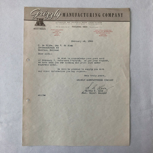 1946 Grizzly Manufacturing Company Letter Letterhead Bear Logo - Brake Lining 