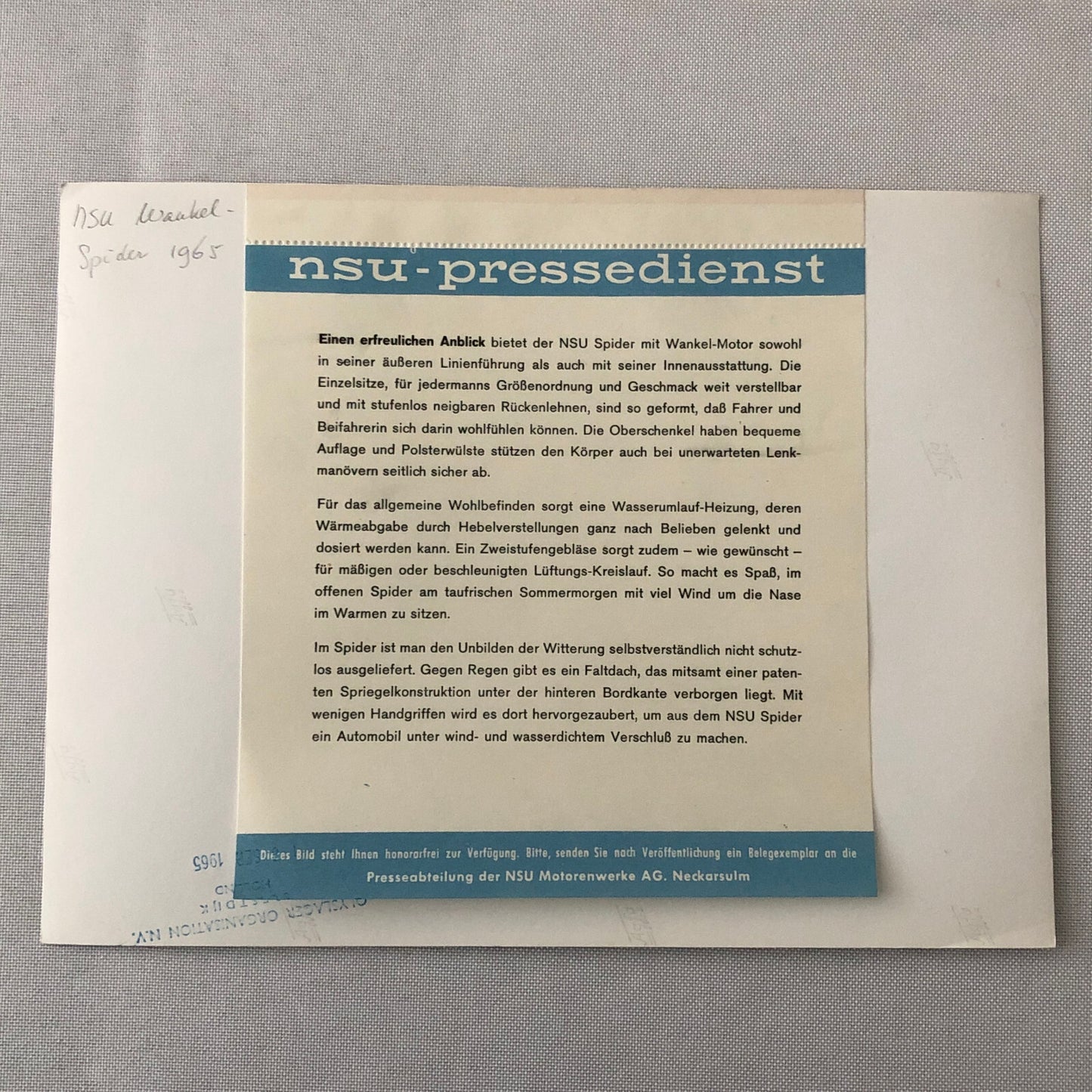 1965 NSU Spider Wankel Motor Factory Press Photo Photograph Print