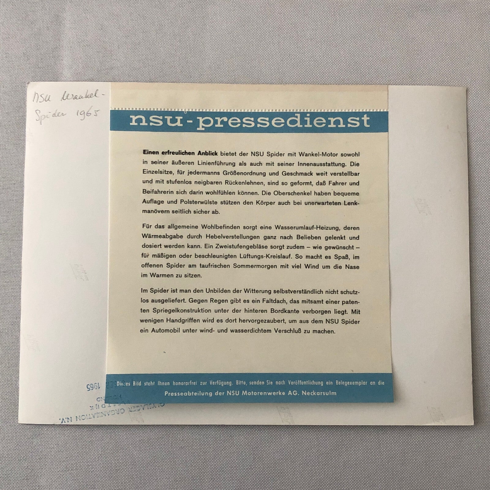 1965 NSU Spider Wankel Motor Factory Press Photo Photograph Print