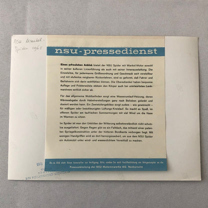 1965 NSU Spider Wankel Motor Factory Press Photo Photograph Print