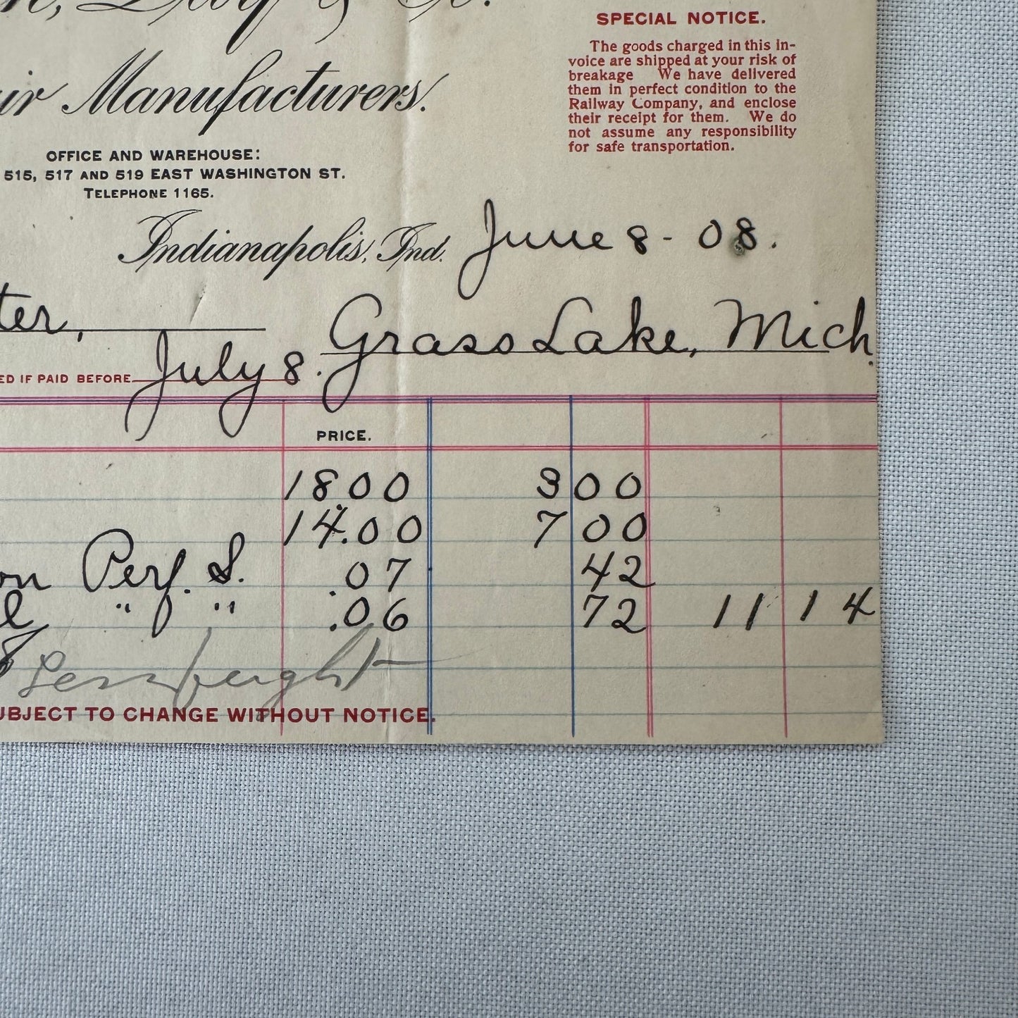 Smith Day and Company Chair Manufacturer Receipt Invoice Document 1908 Indiana