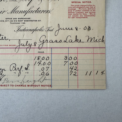 Smith Day and Company Chair Manufacturer Receipt Invoice Document 1908 Indiana