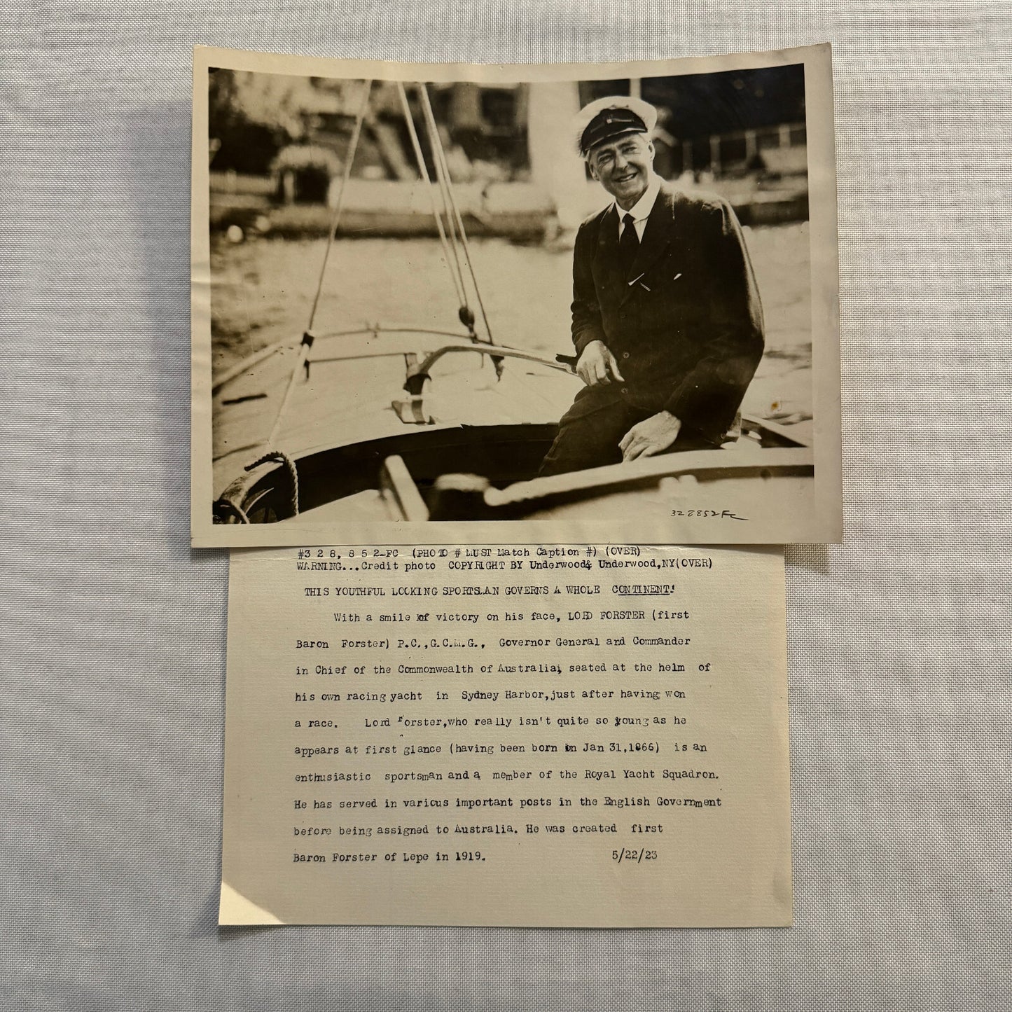 1923 Australian Press Photo Photograph Lord Forster on Yacht Boat Royal S