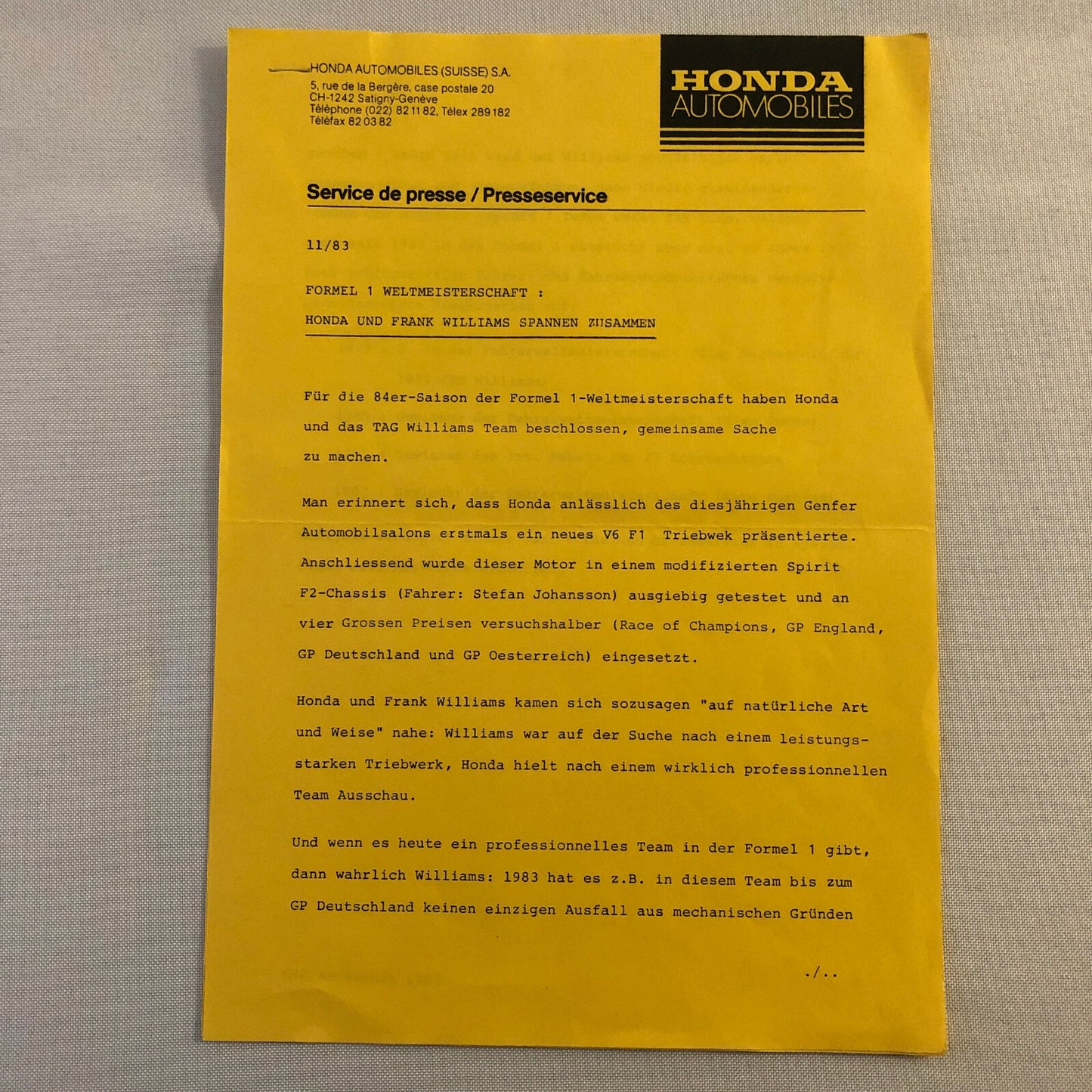 1983 Honda Racing Car Press Kit Frank Williams Keke Rosberg + GERMAN Text 