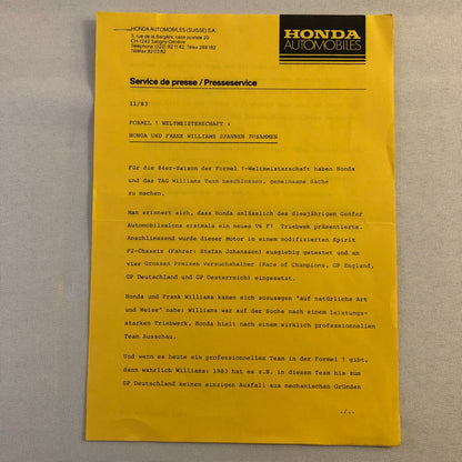 1983 Honda Racing Car Press Kit Frank Williams Keke Rosberg + GERMAN Text 