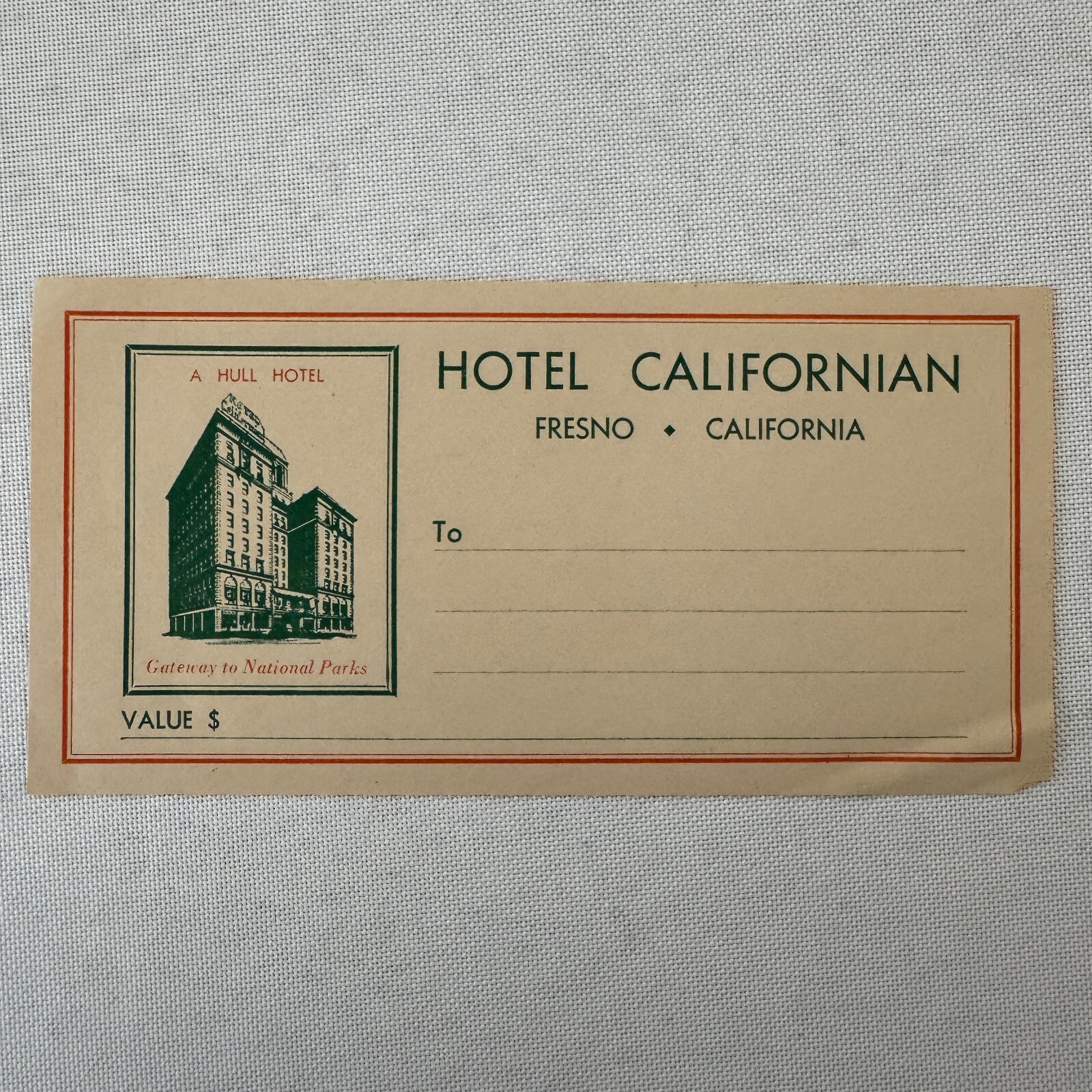 Vintage Hotel Travel Luggage Label Hotel Californian Fresno California CA