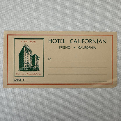 Vintage Hotel Travel Luggage Label Hotel Californian Fresno California CA
