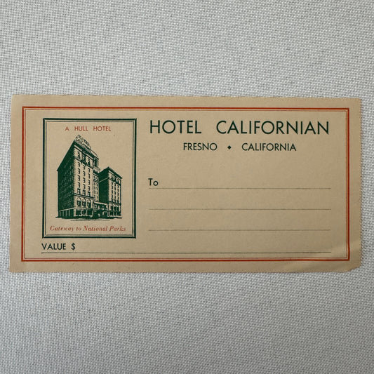 Vintage Hotel Travel Luggage Label Hotel Californian Fresno California CA