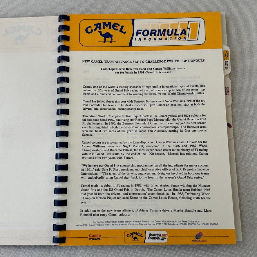 Camel Formula One Racing Press Kit Brochure Nelson Piquet Nigel Mansell 1991