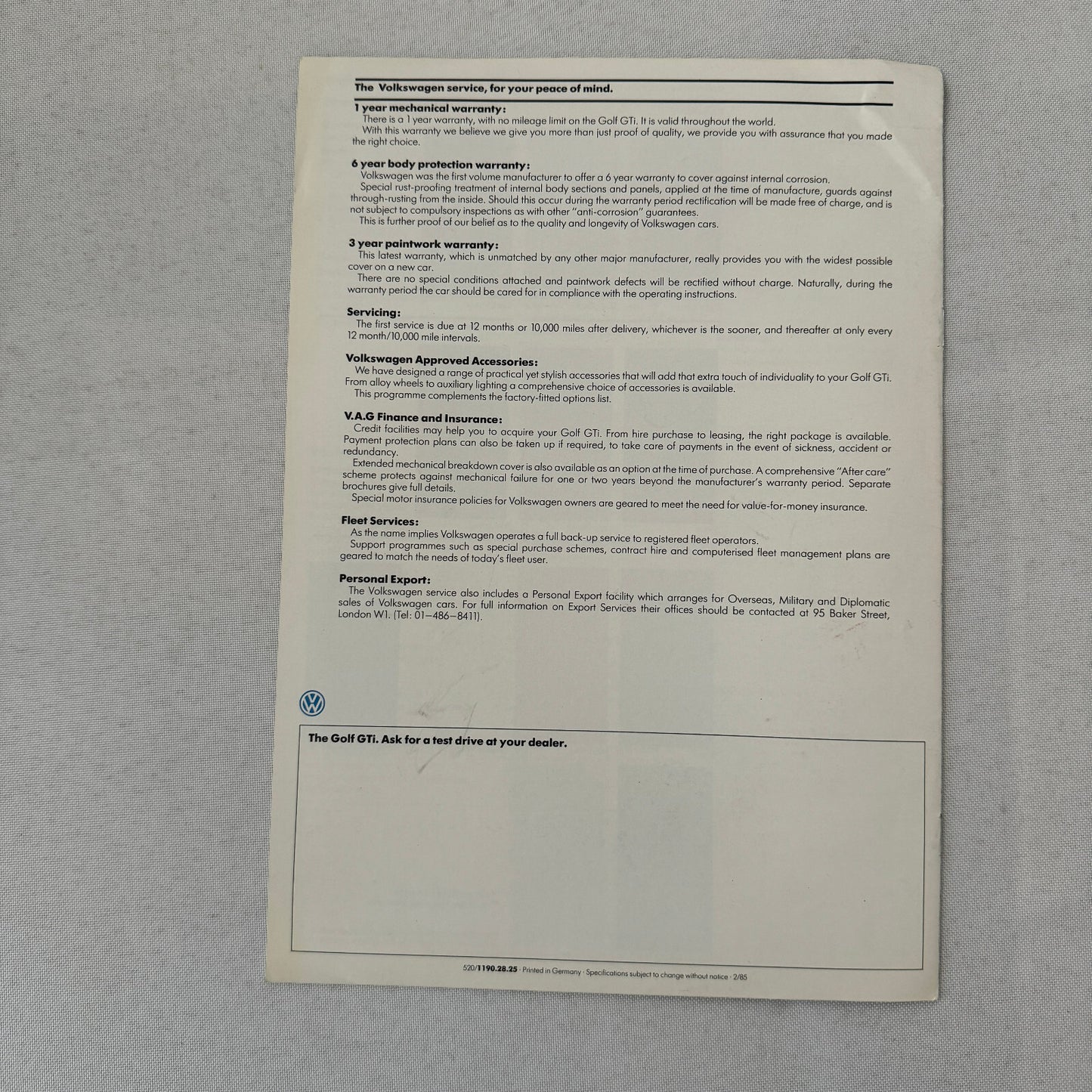 1985 Volkswagen Golf GTI Car Sales Brochure Catalog Advertising