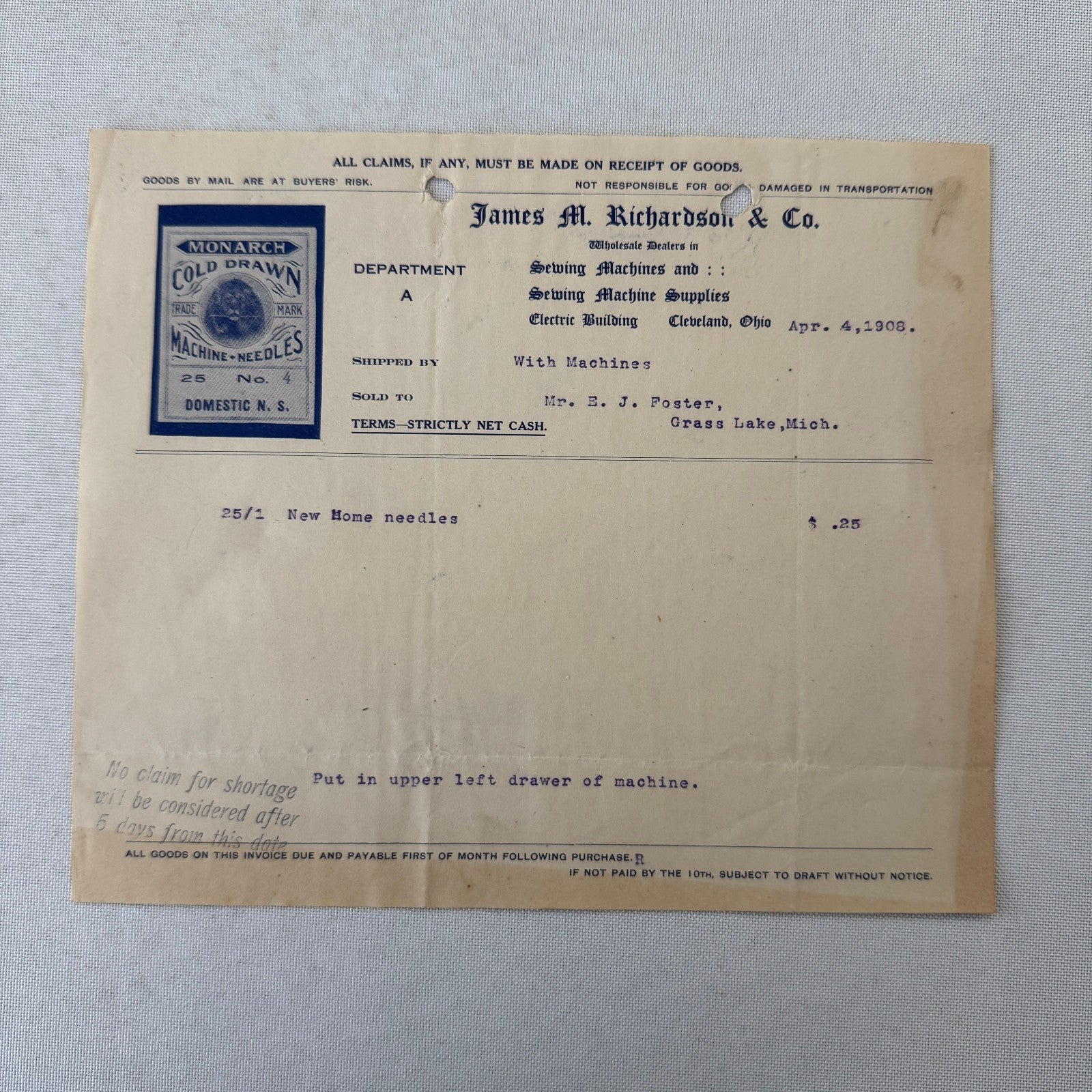 James M Richardson Company Receipt Invoice Document 1908 Sewing Machine Ohio
