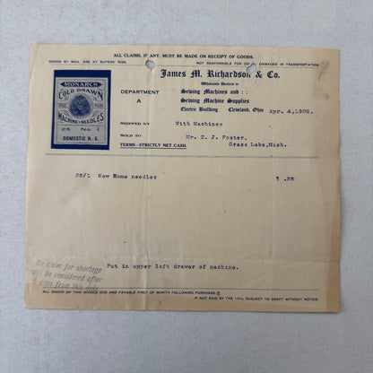 James M Richardson Company Receipt Invoice Document 1908 Sewing Machine Ohio