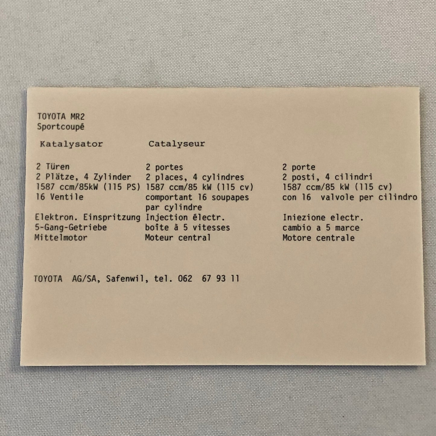 Vintage Toyota MR2 Car Factory Press Photo Photograph German Text European