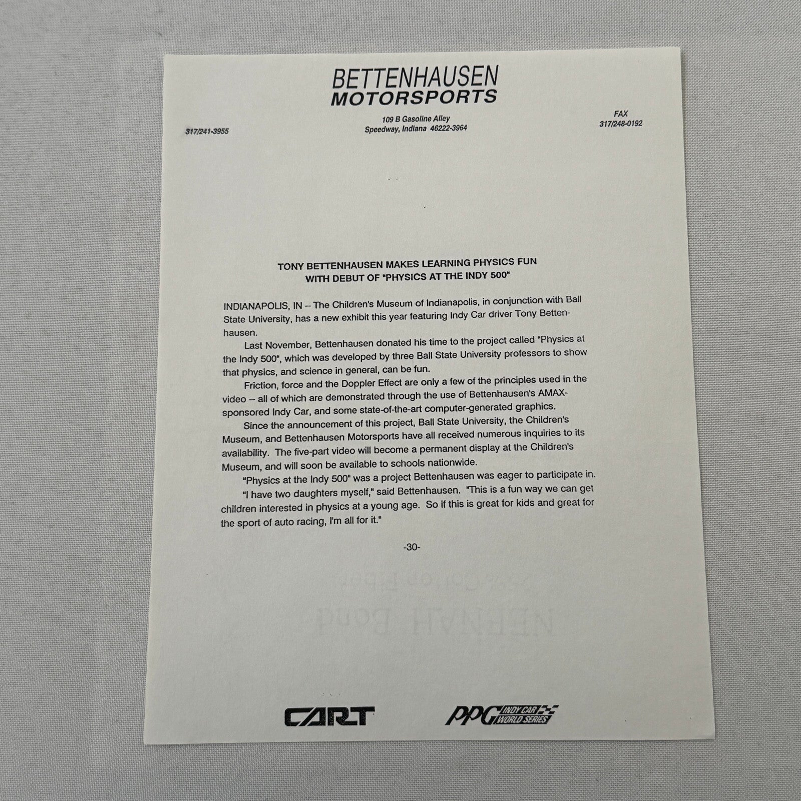 Tony Bettenhausen AMAX Racing Press Kit Brochure Penske Chevy 90 Indy Car