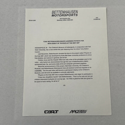 Tony Bettenhausen AMAX Racing Press Kit Brochure Penske Chevy 90 Indy Car