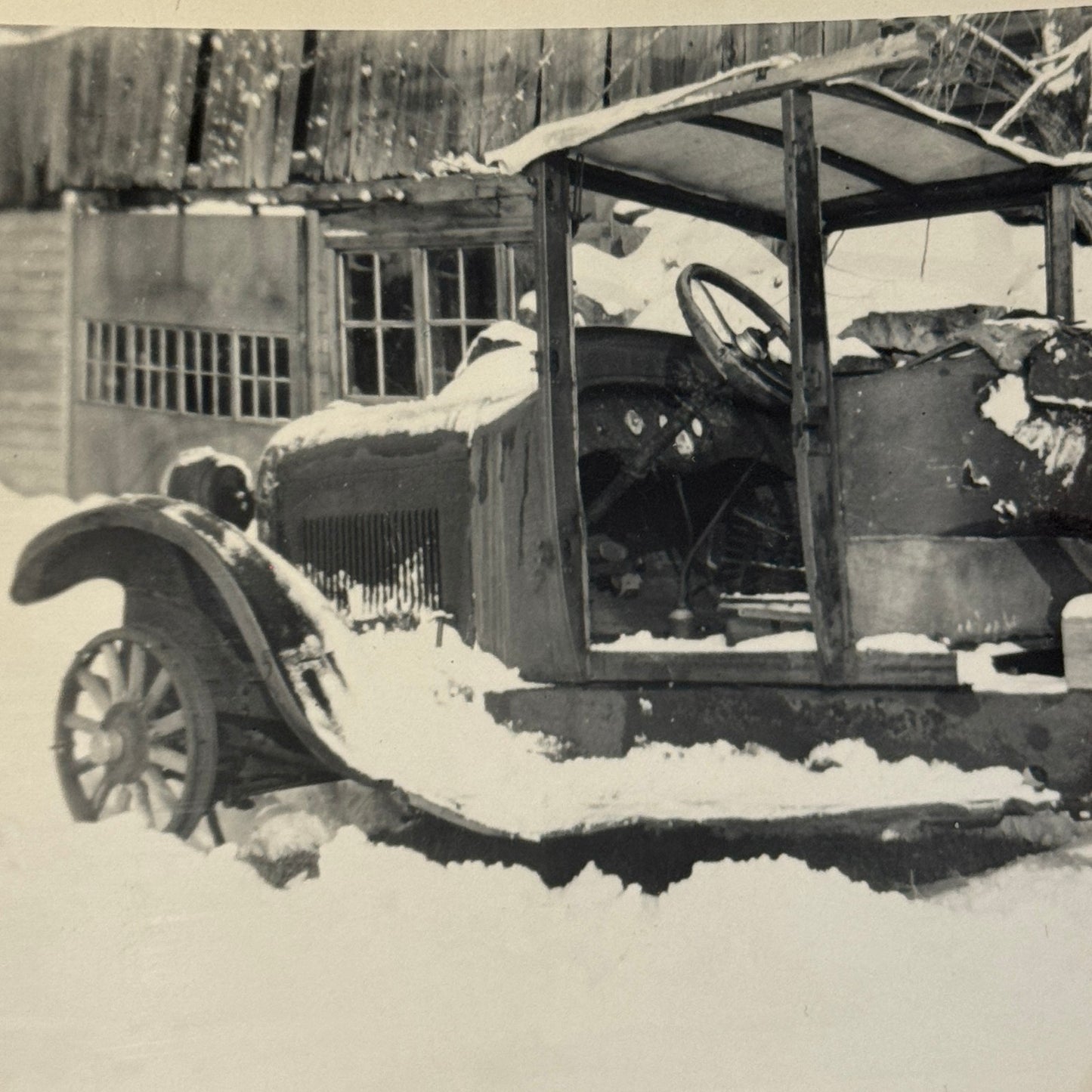 Vintage Truck Photo Photograph Print Snapshot Jalopy Barn Find Junkyard in Snow