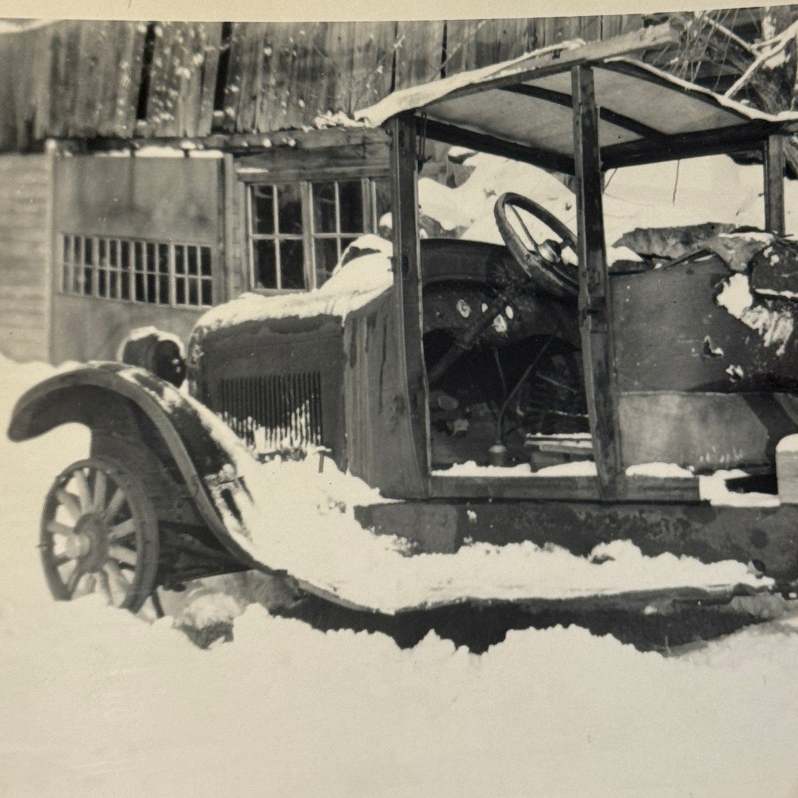 Vintage Truck Photo Photograph Print Snapshot Jalopy Barn Find Junkyard in Snow