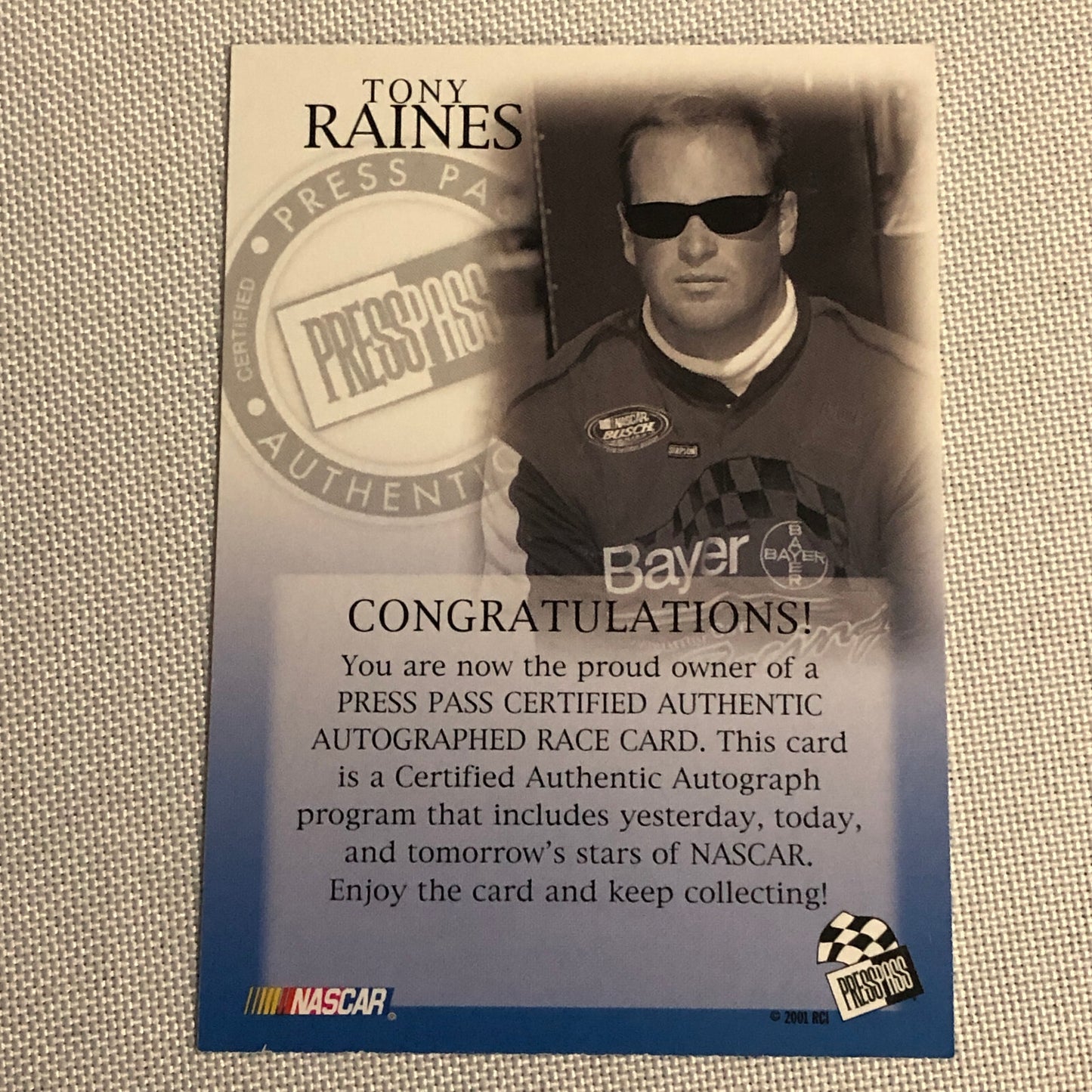 2001 Press Pass Autograph Tony Raines Signed Autographed Signature Card NASCAR