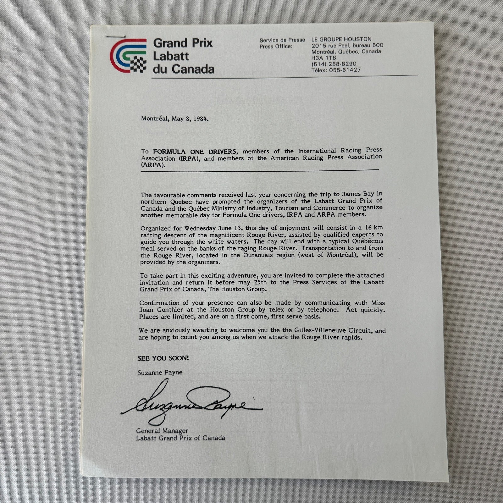 1984 Labatt Montreal Canadian Grand Prix F1 Formula One Press Kit Brochure