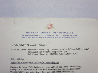 1969 RAC Tulpen Rallye Rally Racing Letter Letterhead - Dutch Rallying 