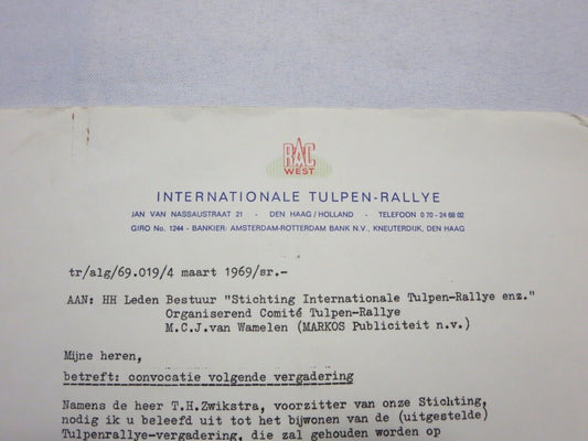 1969 RAC Tulpen Rallye Rally Racing Letter Letterhead - Dutch Rallying 