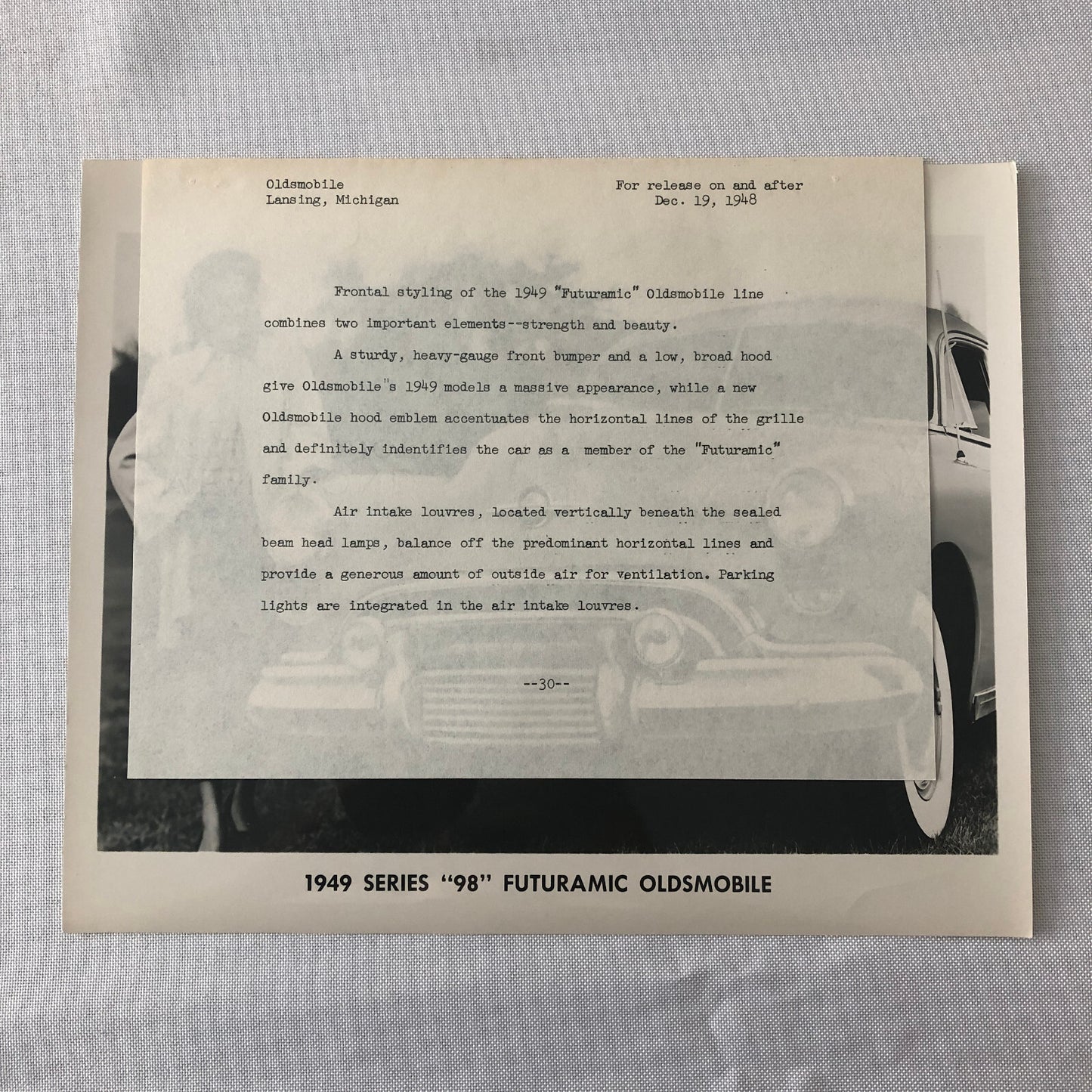 1949 Oldsmobile Series 98 Futuramic Factory Press Photo Photograph Print