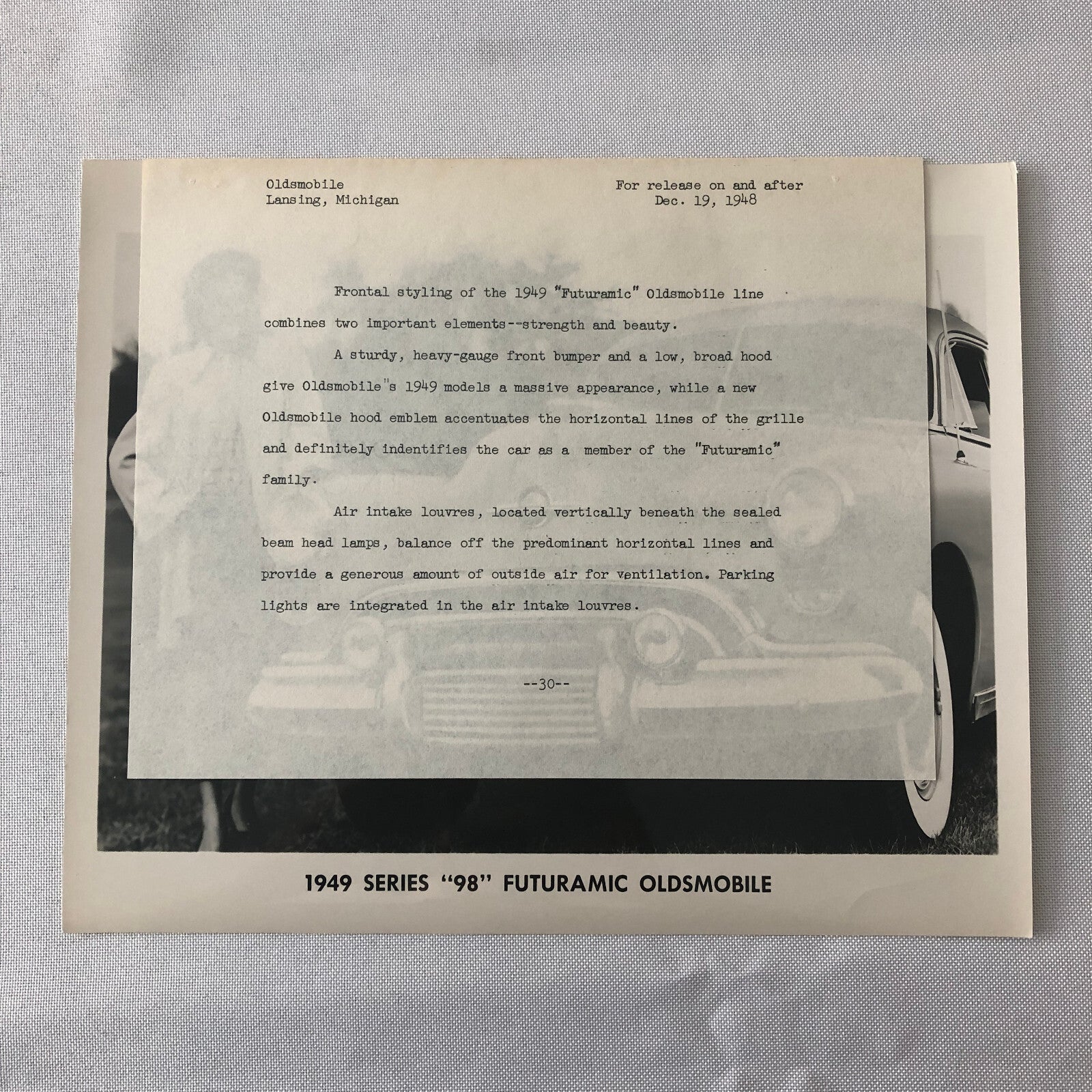 1949 Oldsmobile Series 98 Futuramic Factory Press Photo Photograph Print