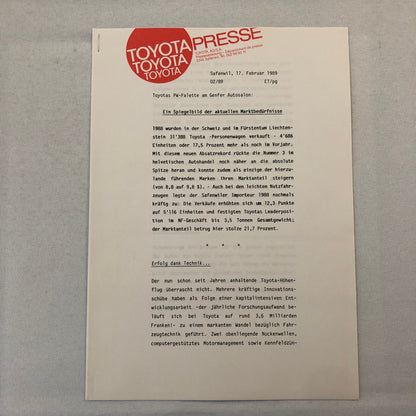 1989 Toyota Press Kit Brochure Photos Starlet Chic Supra Carina Corolla GERMAN