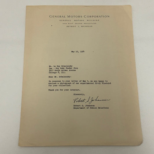1954 General Motors Letter Letterhead Vintage Document Signed Public Relations