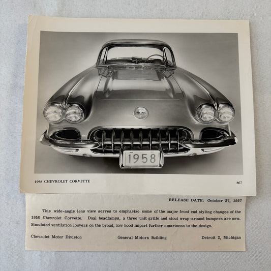Vintage 1958 Chevrolet Corvette Factory Press Photo Photograph Print