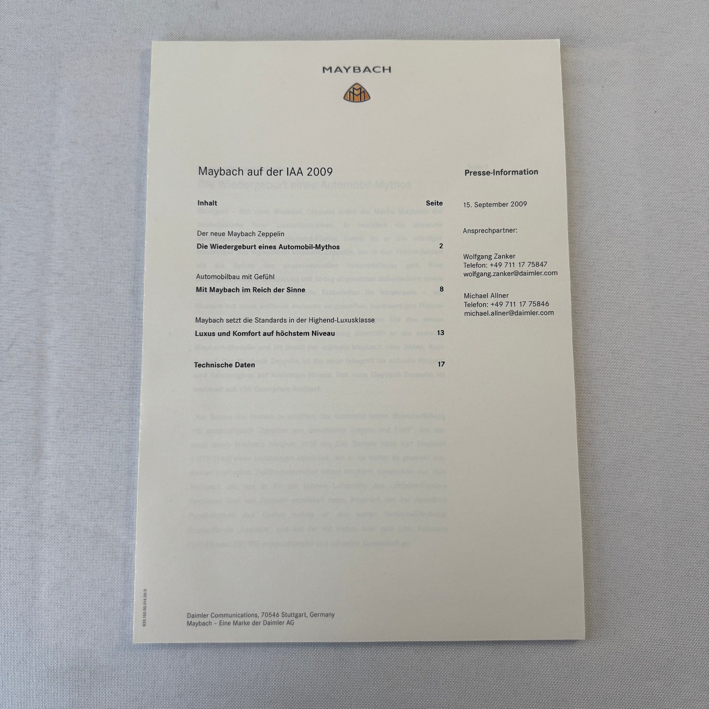 2009 Maybach 62 Zeppelin Car Press Kit Photo Brochure GERMAN