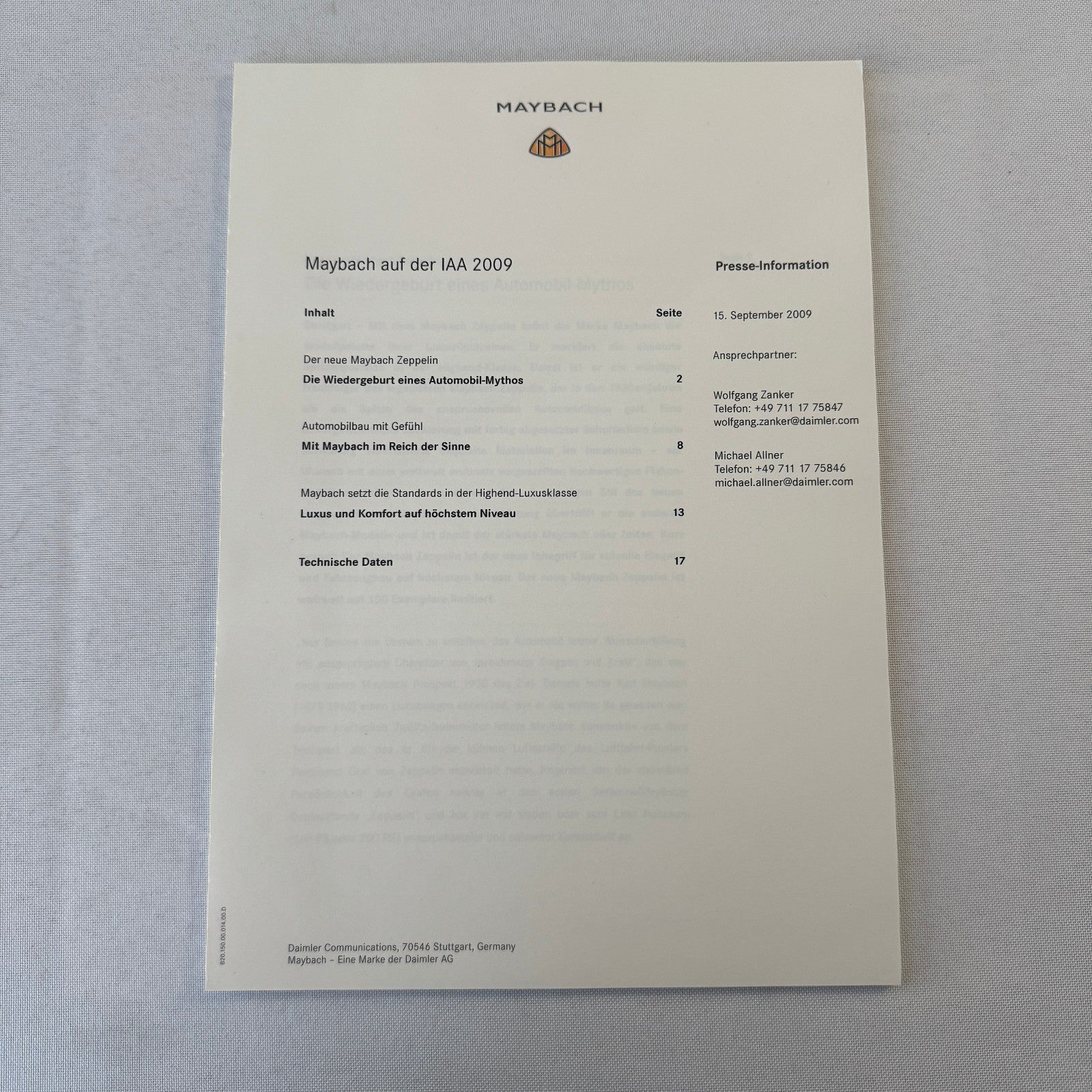 2009 Maybach 62 Zeppelin Car Press Kit Photo Brochure GERMAN