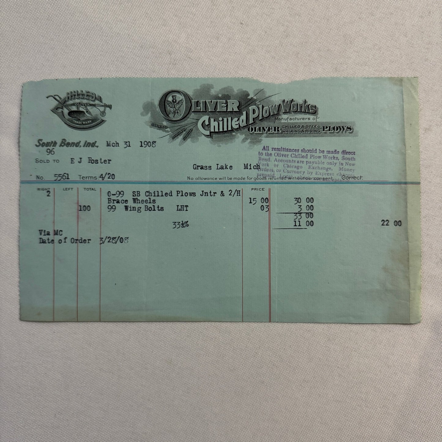 Oliver Chilled Plow Works Indiana Michigan Receipt Letterhead Document Lot 1908