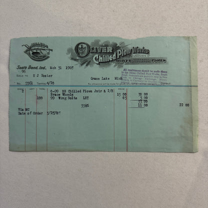 Oliver Chilled Plow Works Indiana Michigan Receipt Letterhead Document Lot 1908