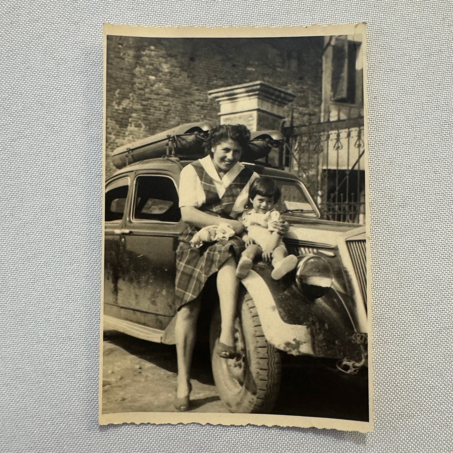 Vintage Photograph Photo Print Woman with Child and Automobile Mother European