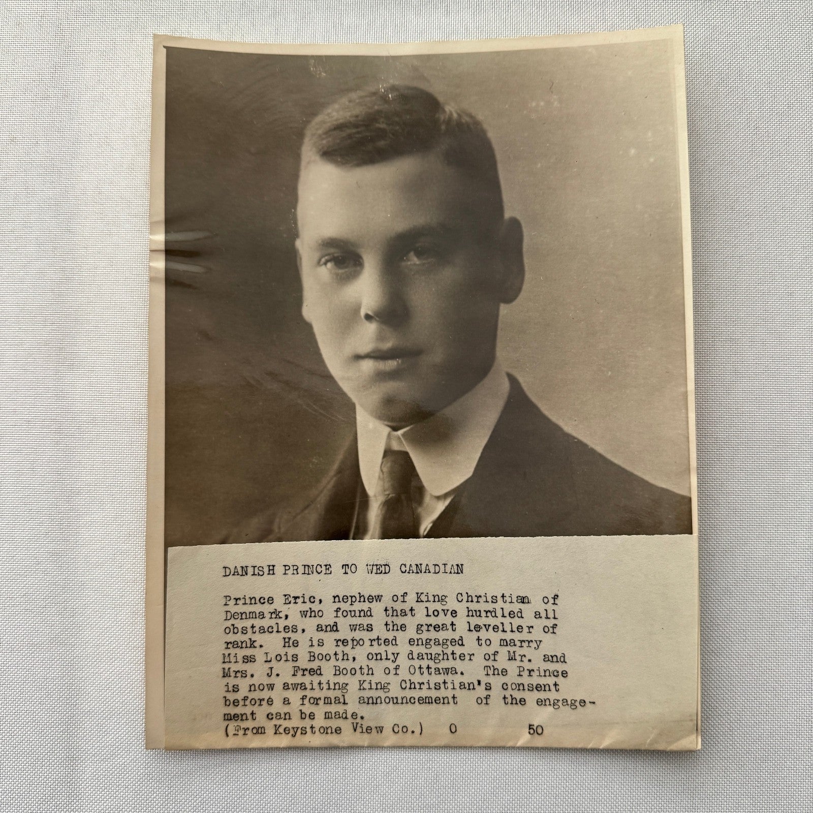 Prince Erik of Denmark Royalty Press Photo w/ Caption – Keystone View Co. 1920s