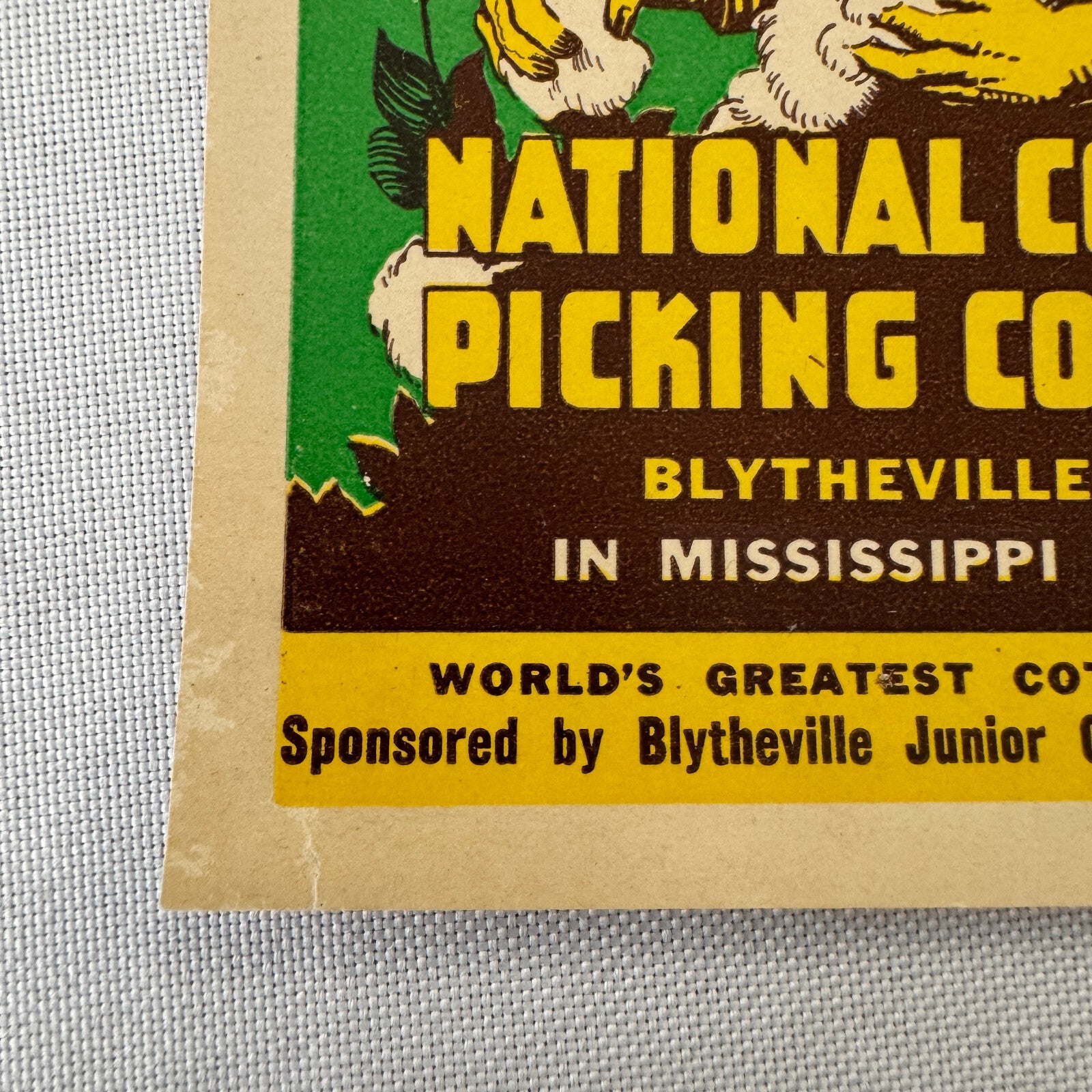 Vintage Label Cotton Picking Contest Blytheville Arkansas Mississippi County