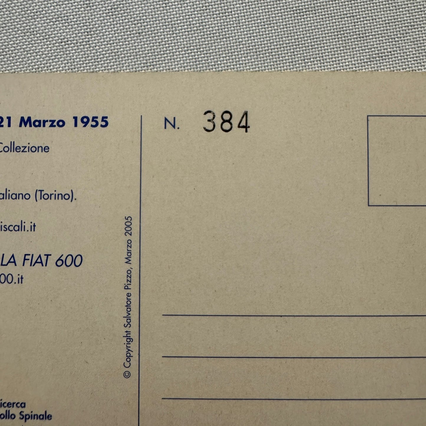 1955 Fiat 600 Italian Postcard Post Card Collectible Numbered 2005