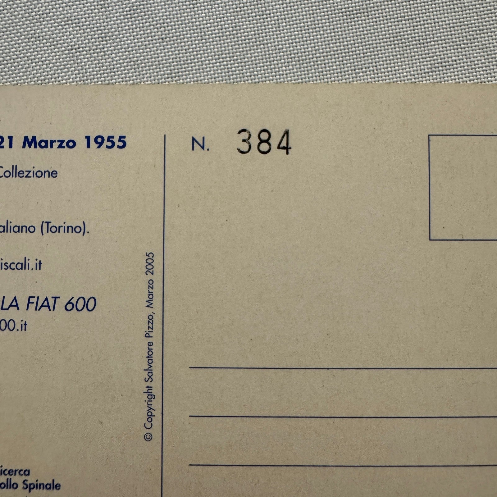 1955 Fiat 600 Italian Postcard Post Card Collectible Numbered 2005