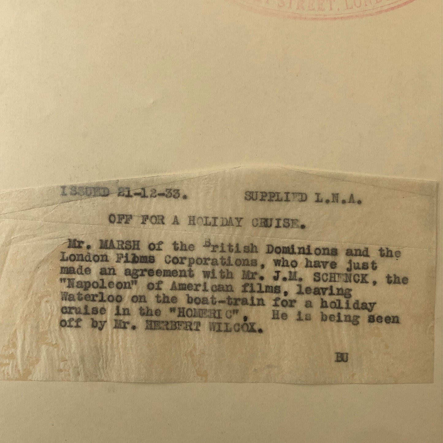 Press Photo Photograph 1933 Movie Film Executive Leaves on Cruise