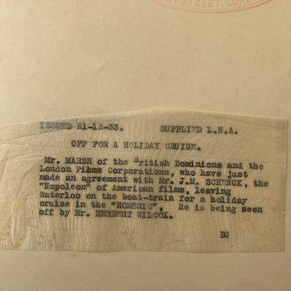 Press Photo Photograph 1933 Movie Film Executive Leaves on Cruise