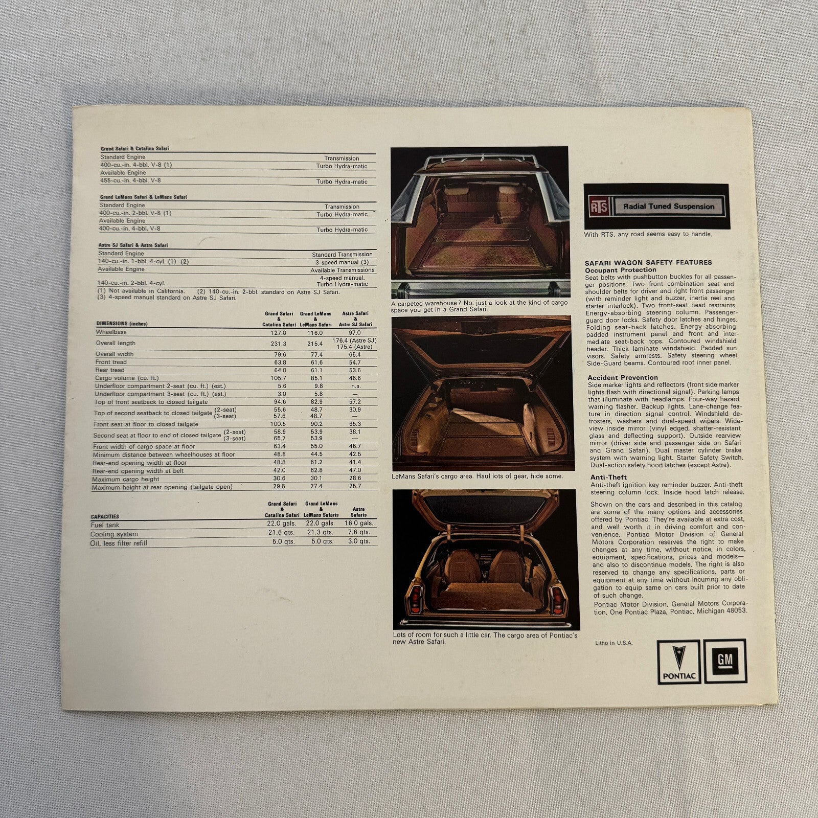 1975 Pontiac Safari Station Wagon Sales Brochure Catalina Grand LeMans Astre