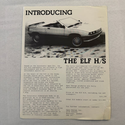 Spex Design Inc ELF HS Convertible Car Sales Sheet Brochure Advertising