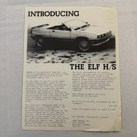 Spex Design Inc ELF HS Convertible Car Sales Sheet Brochure Advertising