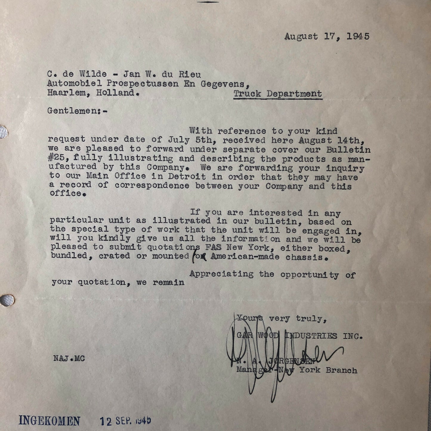 1945 - 1946 Gar Wood Industries Truck and Machinery Letter Letterhead Lot of 2