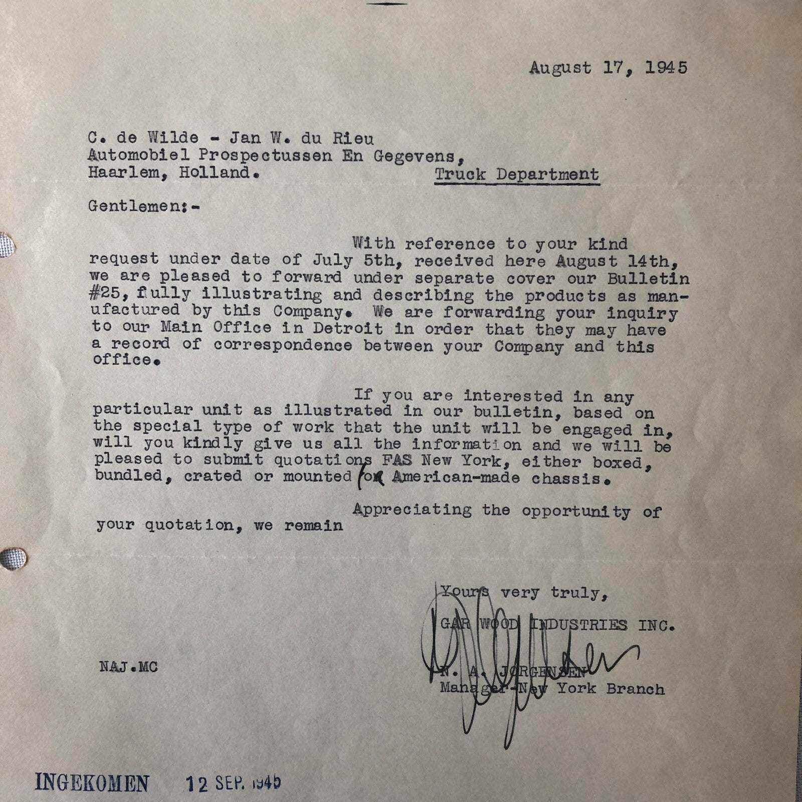 1945 - 1946 Gar Wood Industries Truck and Machinery Letter Letterhead Lot of 2